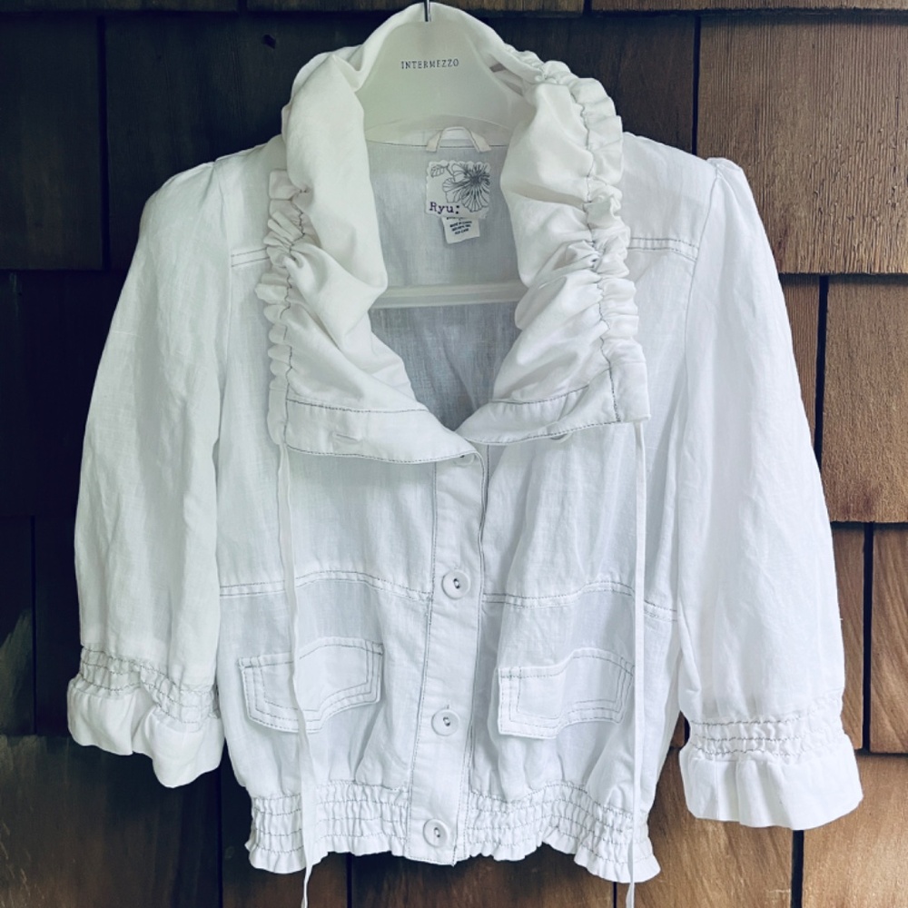 Rare Anthropologie Ryu Linen & Cotton Gathered Collar White Short Jacket Size S - Picture 11 of 14